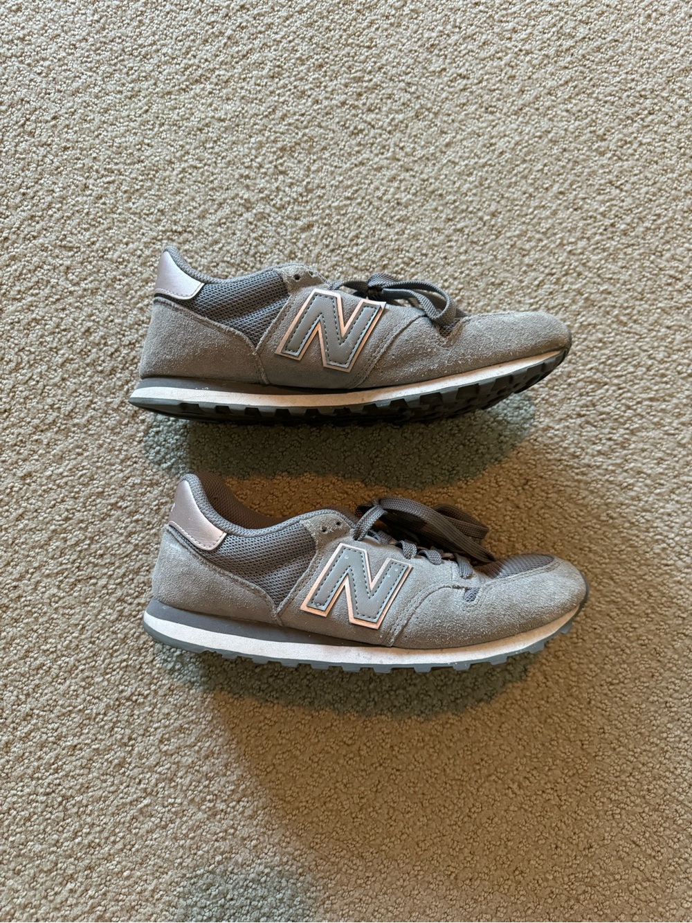 New Balance 500 Gray & Rose Gold Athletic Sneakers